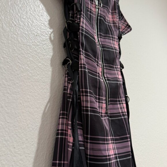 Grunge Women Egirl Plaid Front Zipper Side Lace-up A-Line Mini Dress - Picture 4 of 4